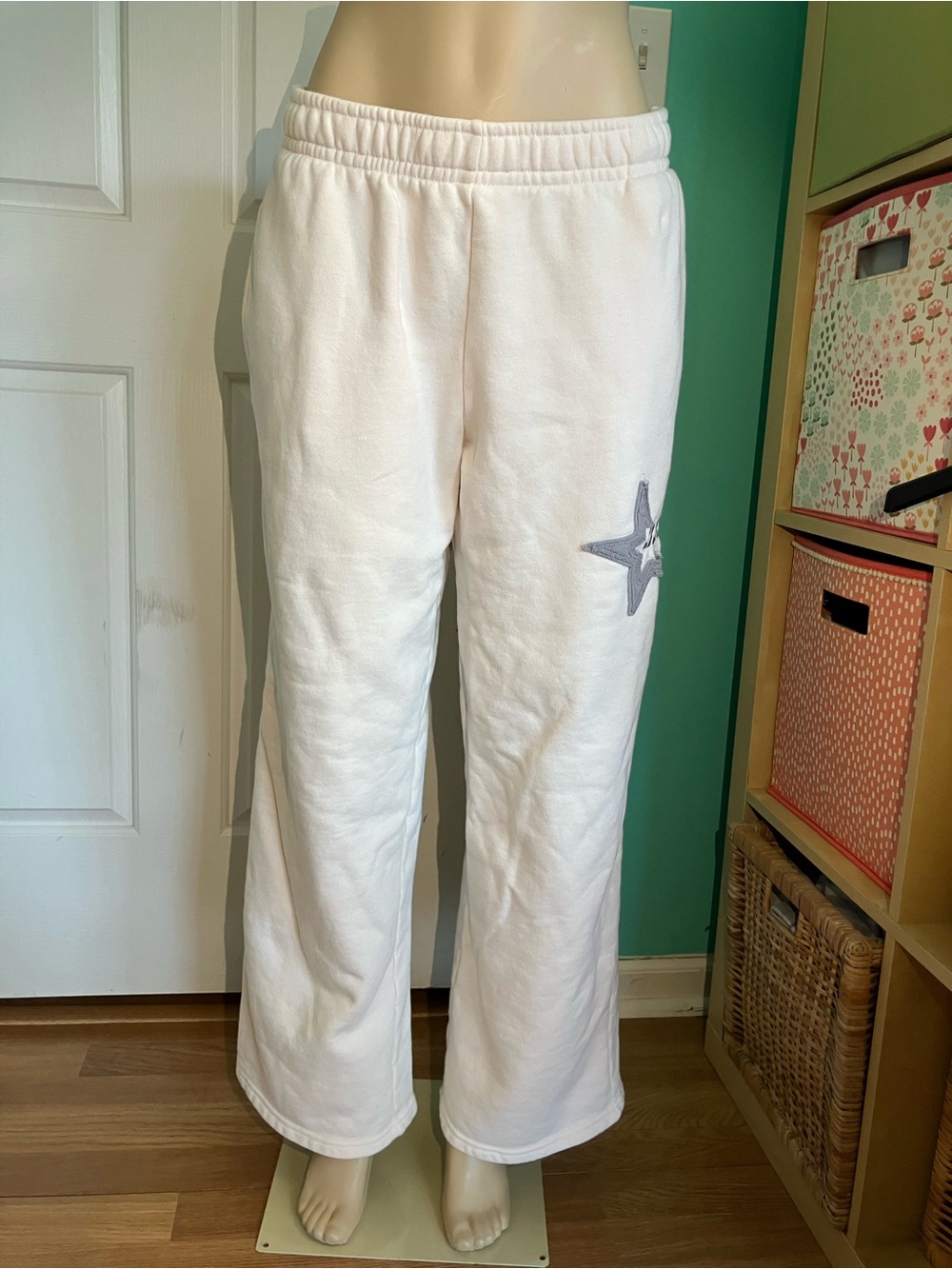 Women's Wide Leg White Lounge Pants with Star Accent